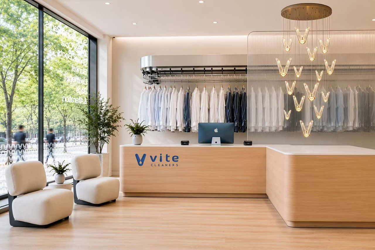 Front counter of a ViteCleaners depot, with finished shirts hanging behind it