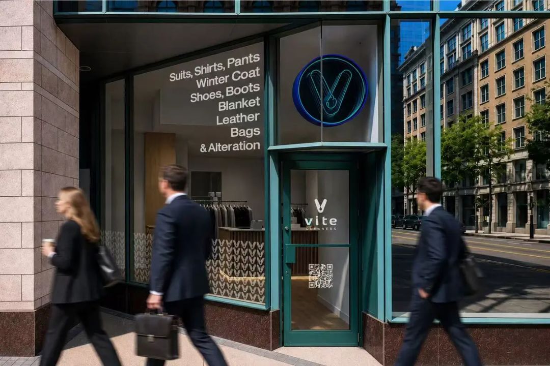 ViteCleaners storefront on a downtown street with office workers walking past